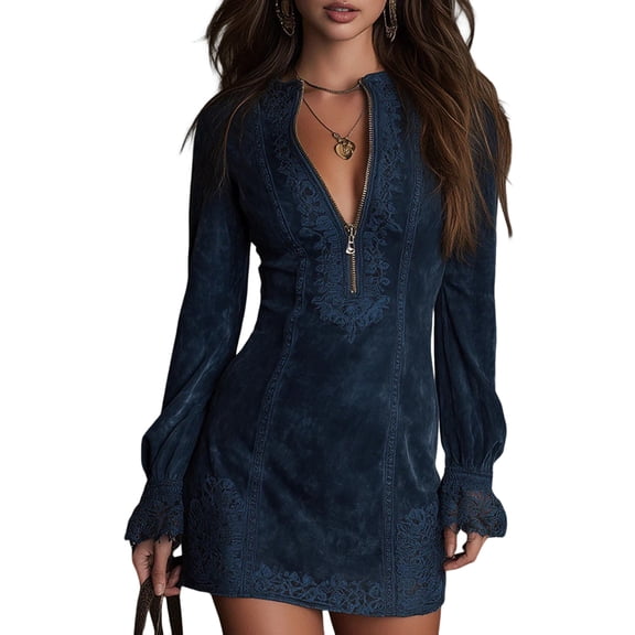 Lace Sleeve Suede Dress, Buttoned Placket on a Classic Shift Dress, Unique 70s Style Dress for Concerts, Dinners, and Themed Parties Dark Blue M