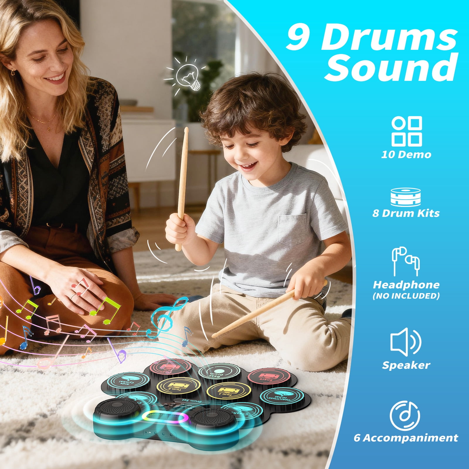 Burufy Electronic Drum Set for Kids Adults Beginners,9 Pads Roll-up Electric Drum Set with Dual Speakers,Headset Jack,Drumsticks,Foot Pedals