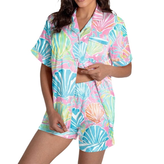 BOOMNY Women's Pajama Sets 2 Peice Pjs Set for Women Floral Graphic Short Sleeve Buttons Sleepwear Tops Shorts Homewear Loungewear Sets