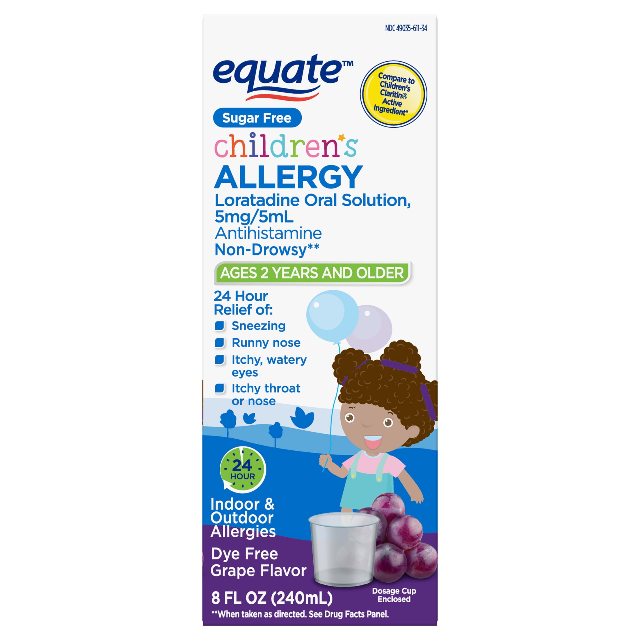 (3 pack) Equate Children's Allergy Non-Drowsy Loratadine Antihistamine Oral Solution, Grape Flavor, 5 mg, 8 fl oz