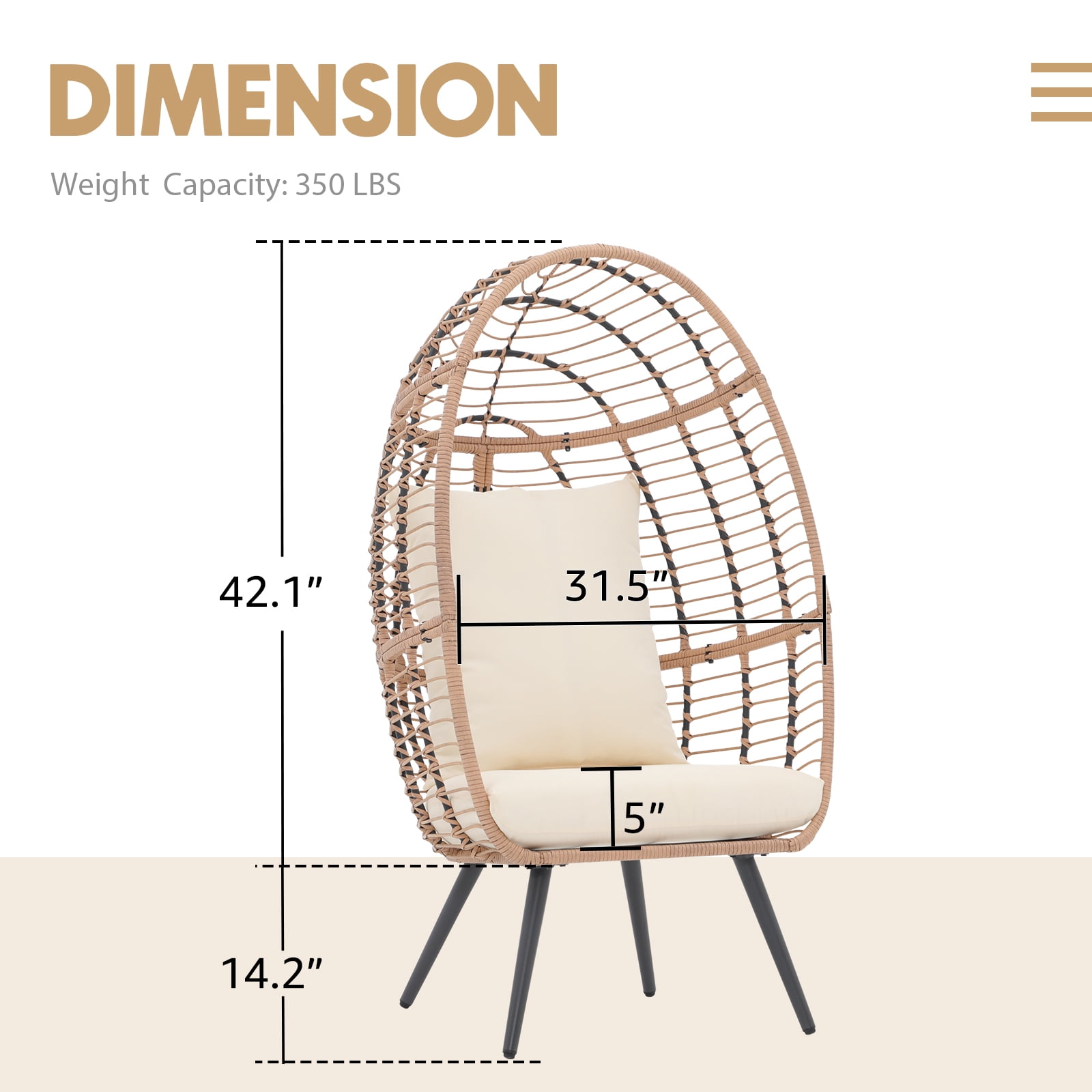 Simenmax Wicker Egg Chair, Outdoor Indoor Oversized Lounger Large Egg Basket Chair with Stand and Cushions for Patio Porch, Backyard, Living Room, Balcony,Beige