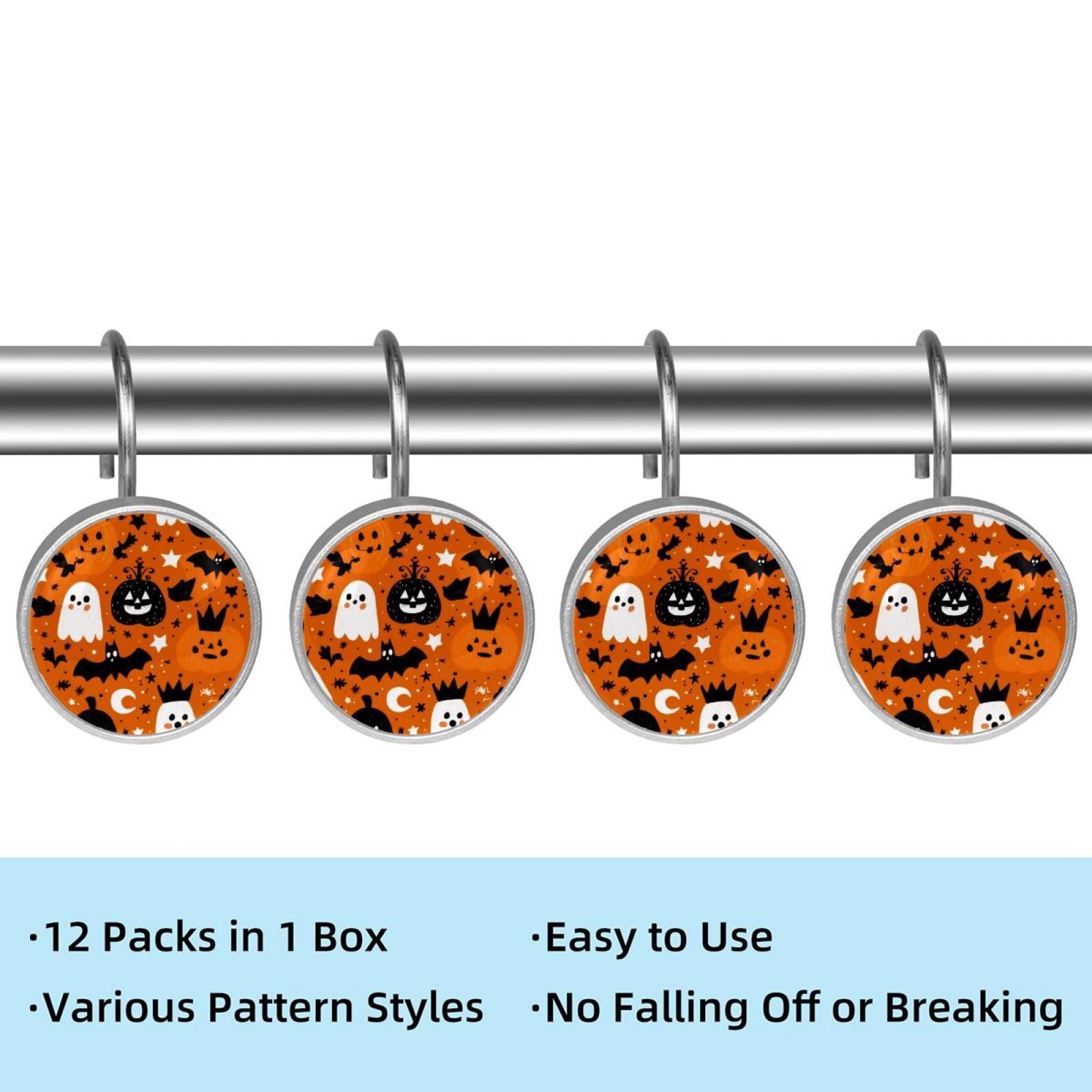 12pcs Decorative Shower Curtain Hooks, Rust Resistant Shower Rings for Bathroom Living Room,Rustproof Stainless Steel Rings for Shower Curtain and Liner Rods,Halloween Pattern Orange