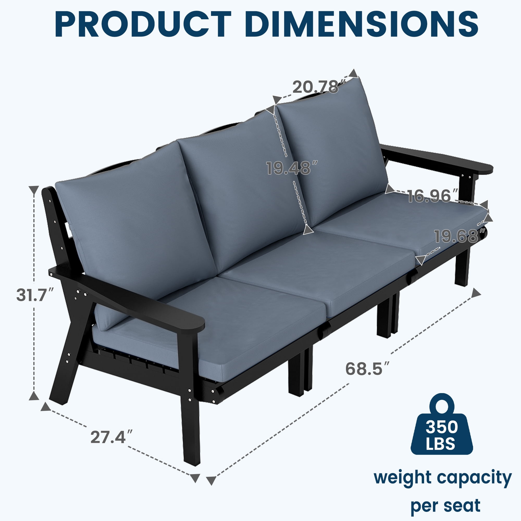 FOOWIN 7-Piece Patio Furniture Set, HDPE Outdoor Conversation Set with 5 Seating & Cushions, Perfect Patio Sofa Set for Garden, Porch, Backyard, Black Frame with Grey Cushion