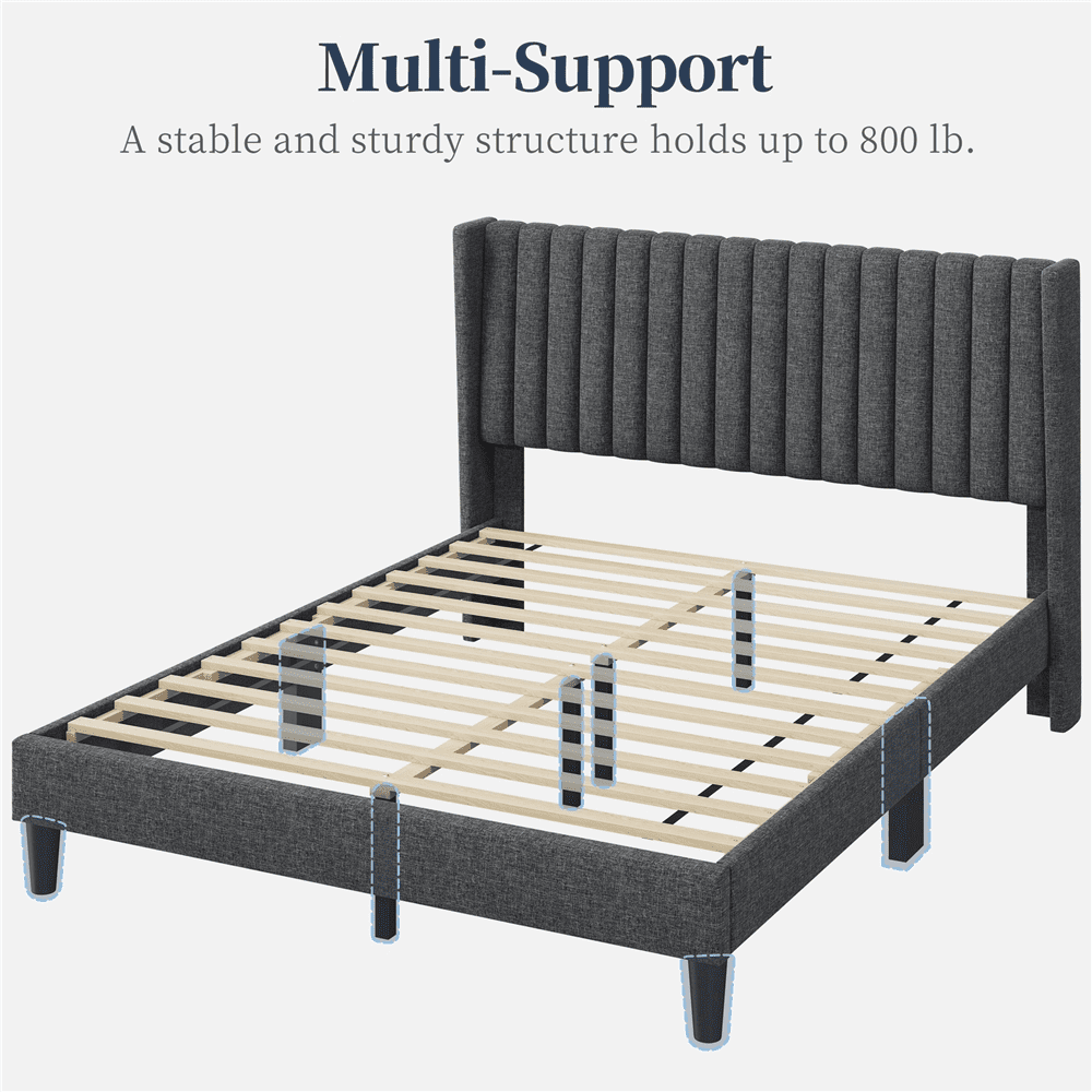 Renwick Queen Upholstered Platform Bed Frame with Channel Tufted Headboard, Dark Gray