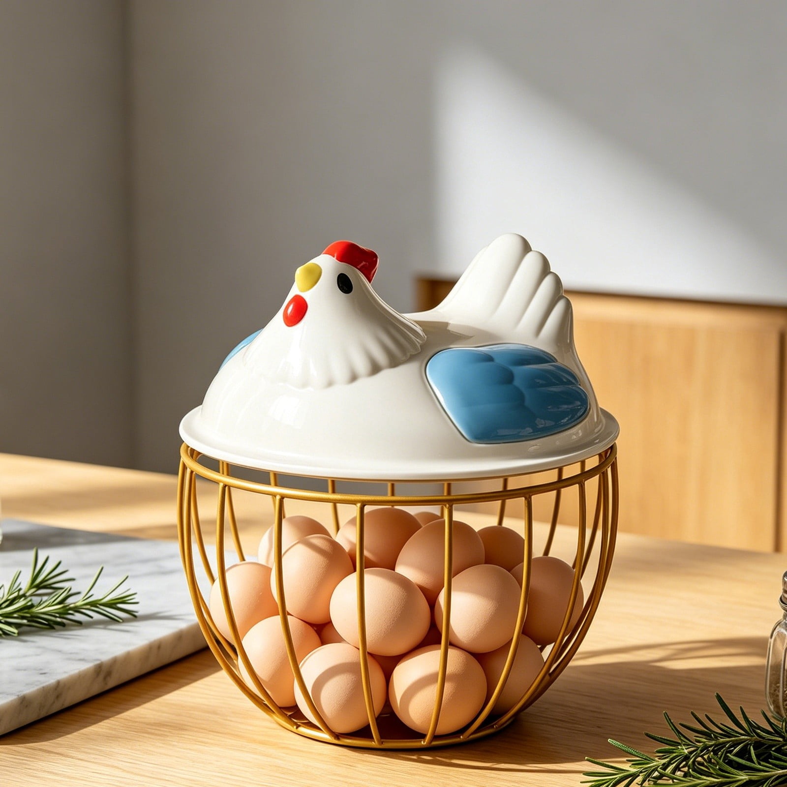 Chicken Egg Basket Large Capacity with Ceramic Lid, Metal Wire Egg Storage Basket and Fruit Container with Mesh Iron Holder, Countertop Organizer for Fresh Eggs Vegetables Refrigerator Use