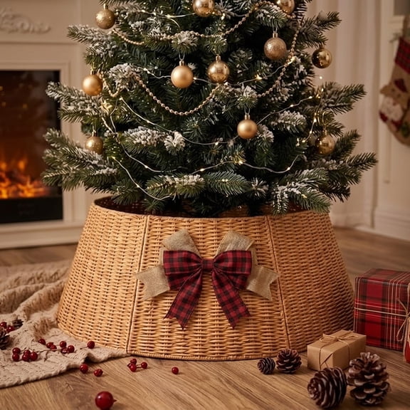 Christmas Tree Collar with Bow Knot, Handwoven Tree Base Cover Tree Skirt Accessory for Home Decor Display, Natural (24 INCH)