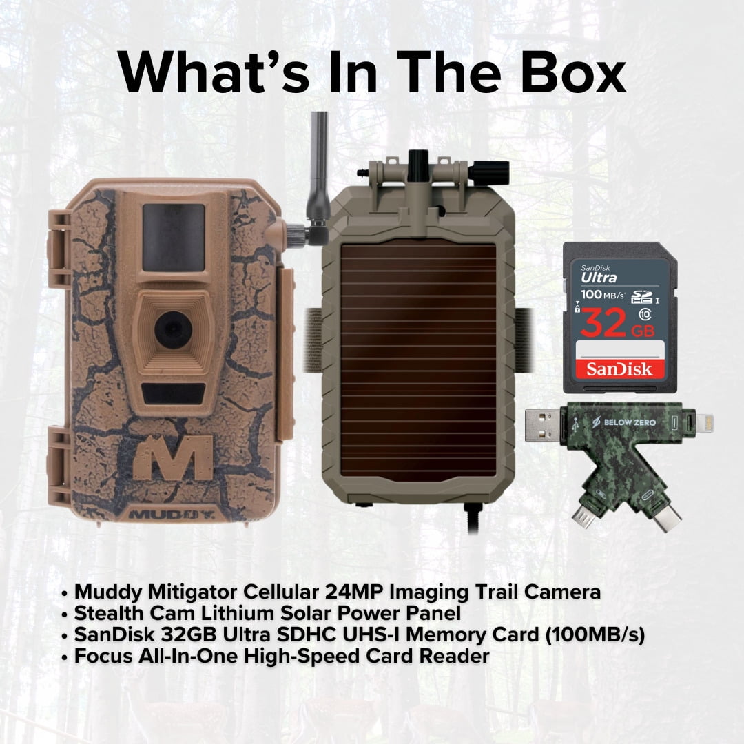 Muddy Mitigator Cellular 24MP Imaging Trail Camera with 80 Feet Detection and Flash Range Bundle with Solar Power Panel, 32GB Memory Card, and USB 2.0 Card Reader (4 Items)