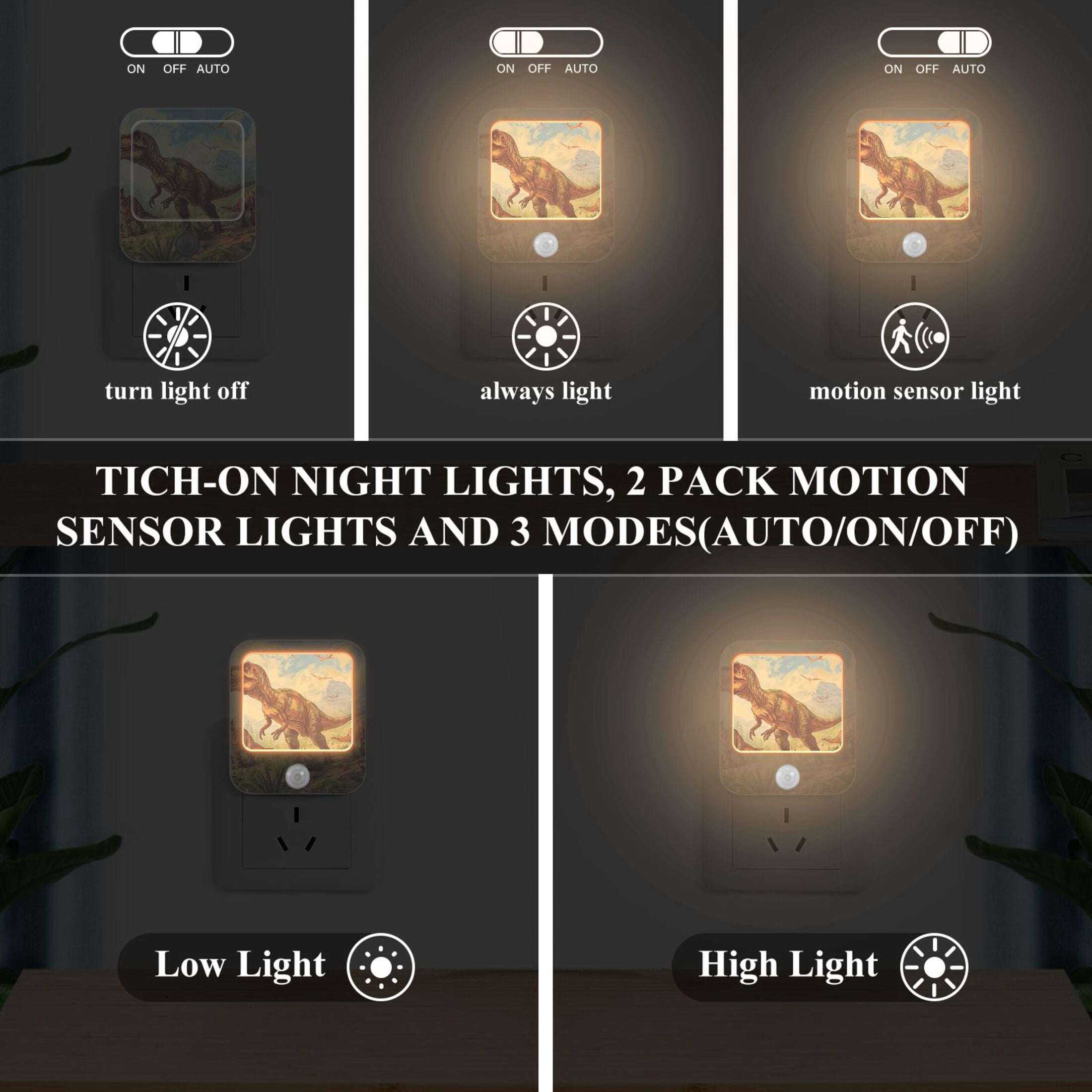 Dinosaurs Trees Leaves Sky Night Lights Plug into Wall LED with Auto Light Sensor Warm Light for Kids Hallway Bedroom Living Room Kitchen Bathroom Set of 2