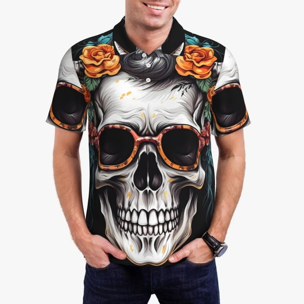 Balery Flower Horn Skull A Camisa Polo de Hombre con Estampado, de Manga Corta y Tejido Medio, Camisa Tipo Golf Polo-3X-Large