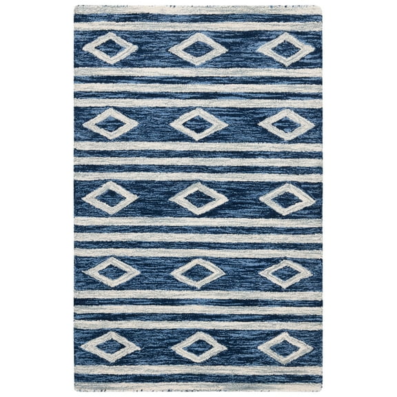 SAFAVIEH Micro-Loop Briony Diamond Striped Wool Area Rug, Navy/Ivory, 2'6" x 4'