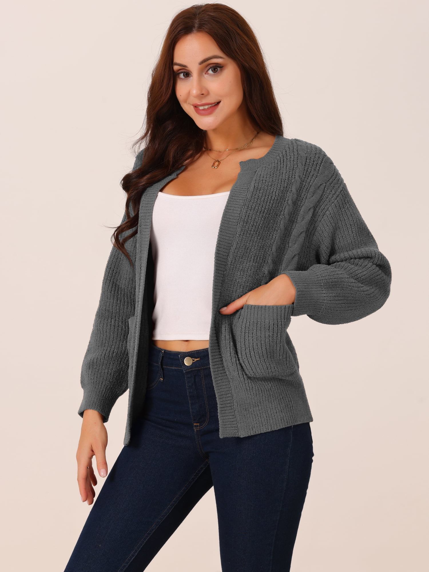 DARING DIVA Women's Open Front Knitted Casual Cardigan with Pockets L Dark Grey