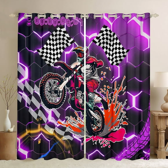 Racing Motorcycle Curtains for Living Room,Purple Neon Lights Honeycomb Blackout Curtains for Bedroom 2 Panels 42"Wx84"L Dirt Bike Motocross