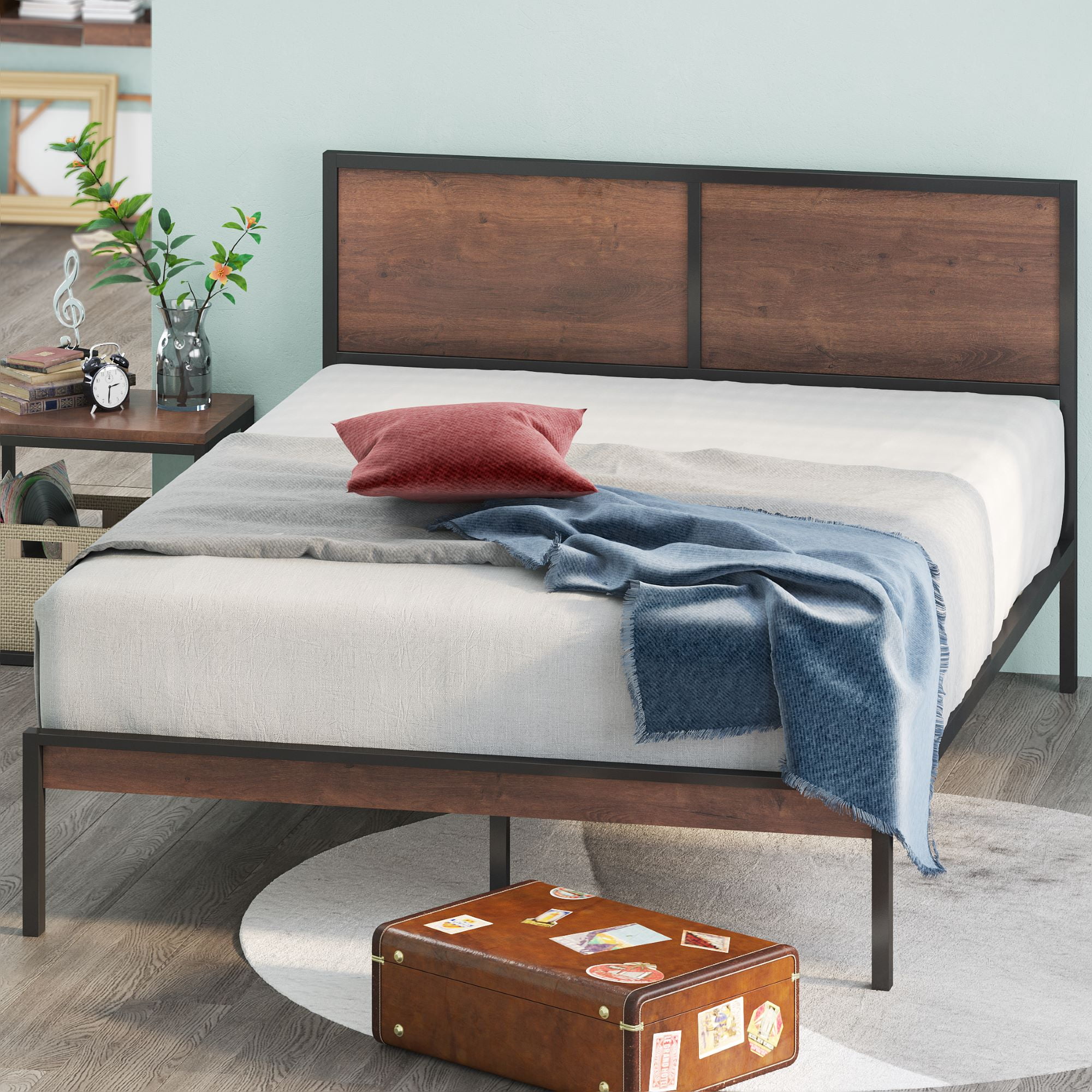 Easy Assembly Strong Wood Slat Twin/Queen/Full Wood Platform Bed w/ Headboard 