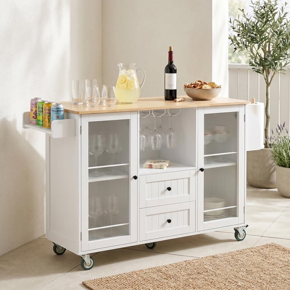 Homy Casa Rolling Kitchen Island Cart with Drop Leaf, Storage Cabinet, 2 Drawers & Wheels, White/Natural, for Small Kitchen, Dining Room, Coffee Bar