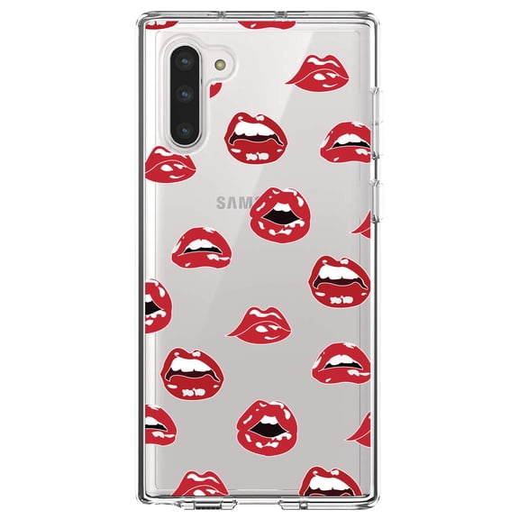 DistinctInk Clear Shockproof Hybrid Case for Samsung Galaxy Note 10 (6.3" Screen) - TPU Bumper, Acrylic Back, Tempered Glass Screen Protector - Red Lips