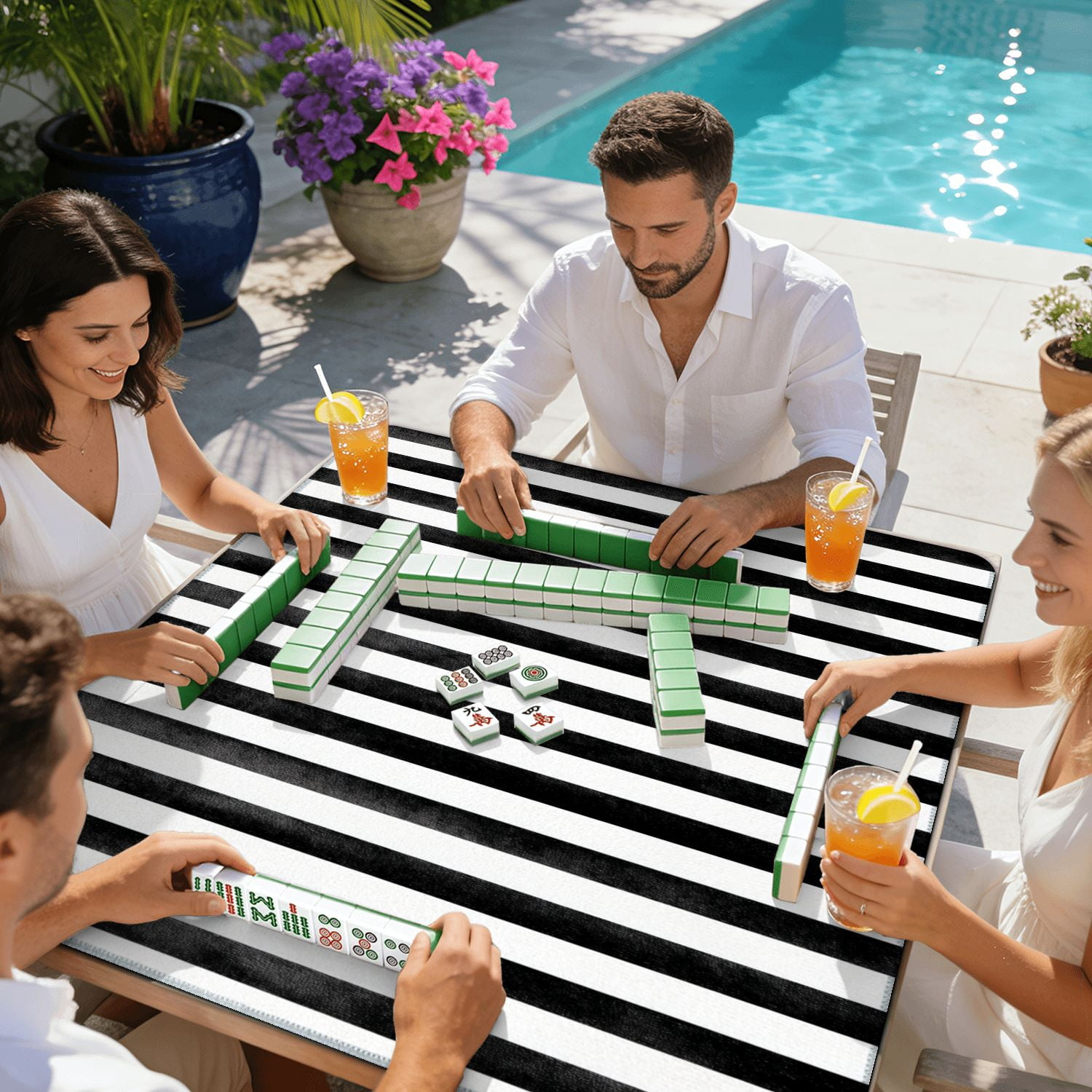 Mahjong Mat 31.5" x 31.5" Seamless black stripes white abstract hand Non-Slip Noise Reduction American Mahjong Tiles Table Cover for Dominoes Poker Card Board Games Gift
