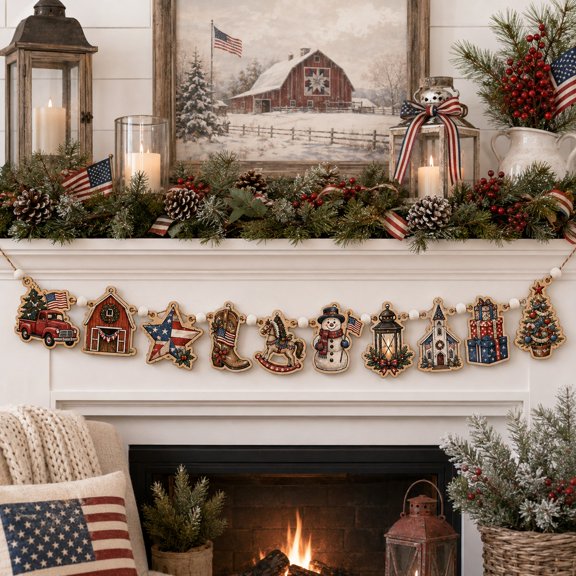 Patriotic Christmas Farmhouse Wooden Ornament Garland for Holiday Home Mantel Decor