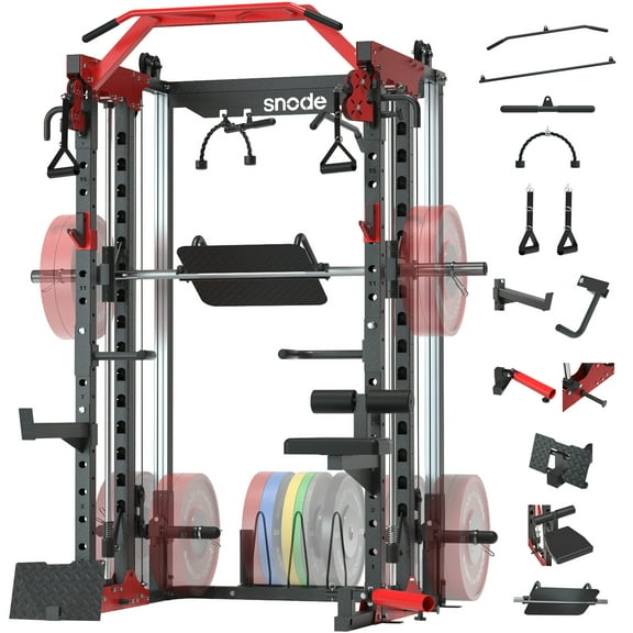 Snode ALL10 Smith Machine for Home Gym System, Multi-Function Power Rack with Cable Crossover System, Squat Rack with Leg Press and Advanced LAT Pull-Down Attachment, 2000LB Weight Capacity