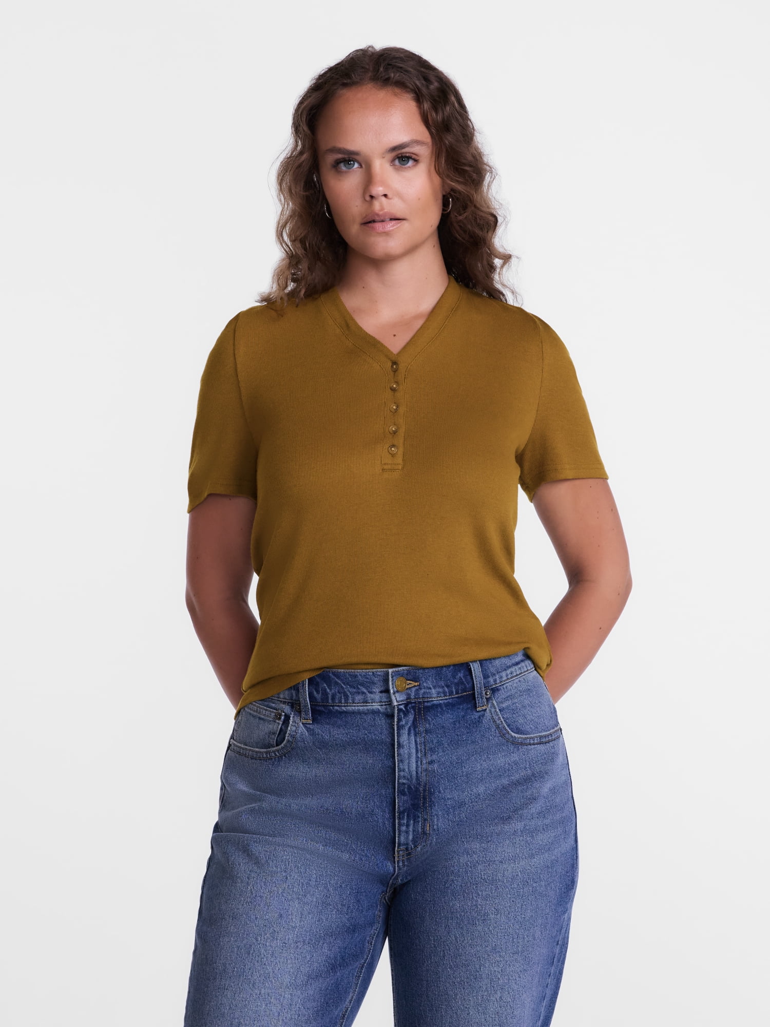 Scenario Women's V-Neck Henley Top with Short Puff Sleeves, Sizes XS-XXXL