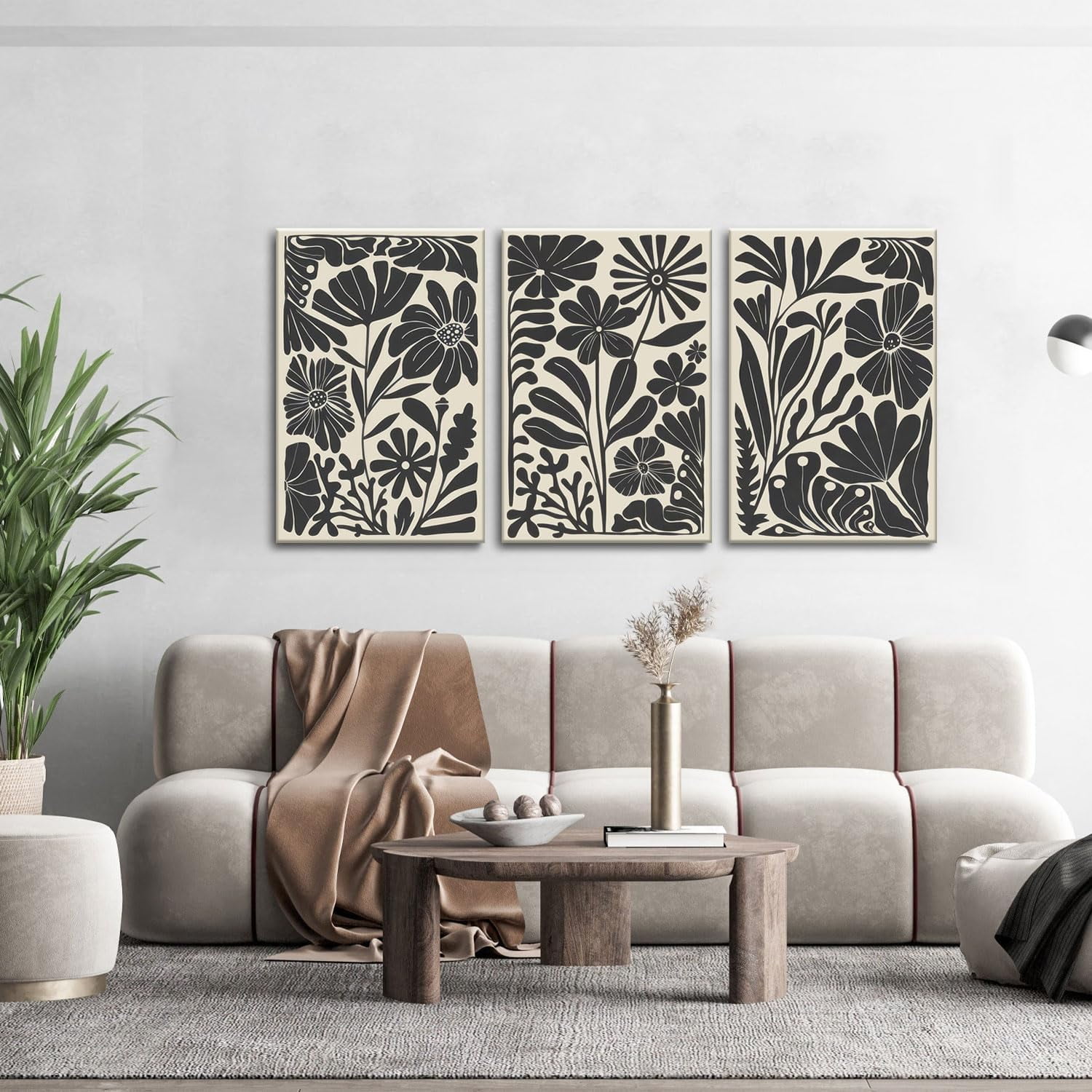 Black Beige Abstract Floral Botanical Canvas Framed Wall Art Prints Minimalist Modern Boho Flower Market Painting Poster Pictures Wall Decor for Bedroom Livingroom 12"x16"x3