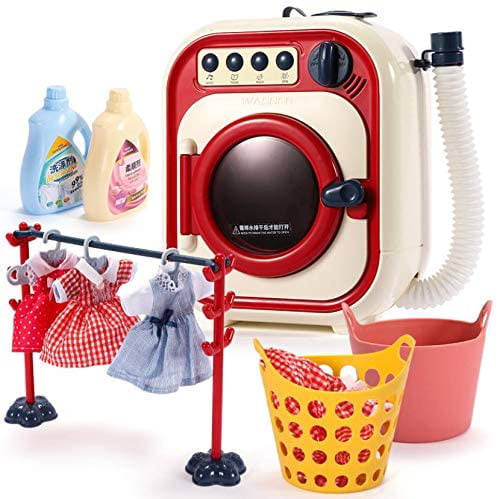 Toy Washing Machine Set Kitchen Pretend Role Play Appliance Toys for Toddlers Ages 3+ Clothes Hangers Clothes Electronic Toy Washer with Baskets 