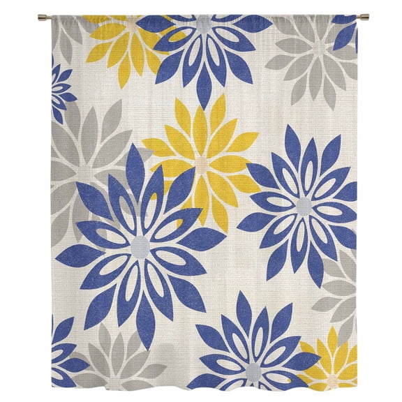 Geometric Flower Sheer Curtains 108" Extra Long, Vintage Country Floral Blue Yellow on Linen Light Filering Curtains, Privacy Drapes Simi Floor to Veiling Curtain for Living Room Window Treatment