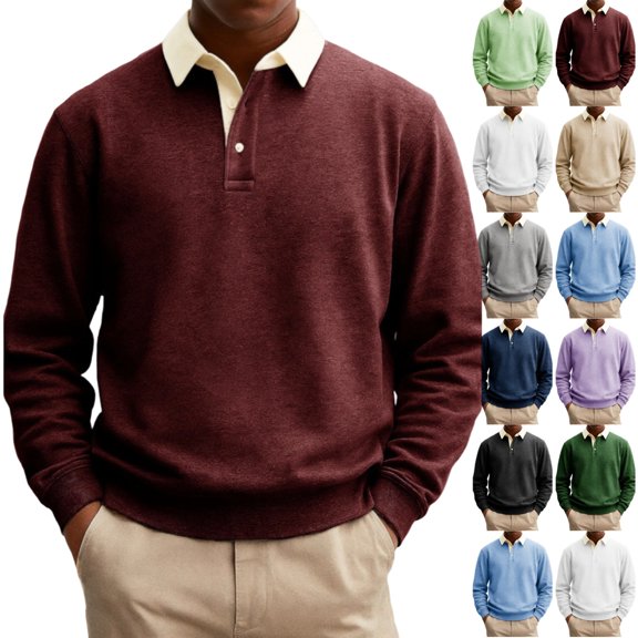 UDAUDU Mens Casual Cotton Polo Sweatshirts Comfortable Long Sleeve Color Block Button Collared Fall Winter Fleece Pullover Shirts Deep Red 5XL