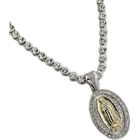 Hip Hop White Gold Plated Guadalupe Mother Mary Cubic Zirconia Pendant & 7mm 20" Iced Choker Chain Fashion Bling Necklace