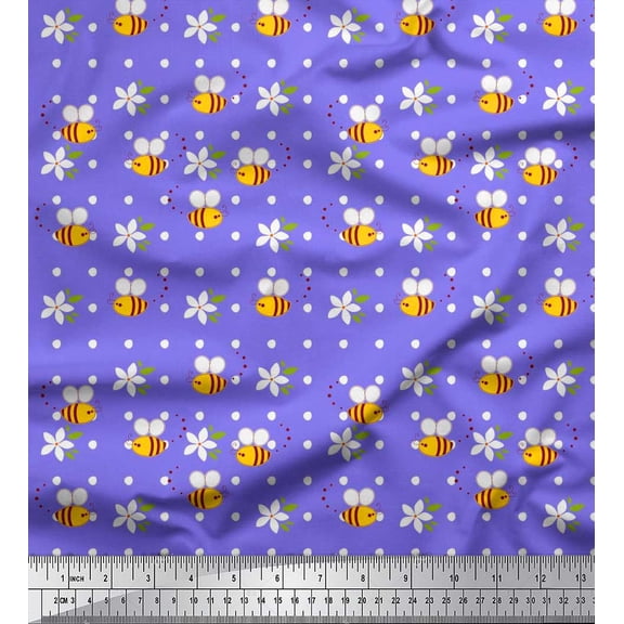 Soimoi Modal Satin Fabric Leaves,Floral & Honey Bee Clip Art Fabric Prints by Yard 42 Inch Wide