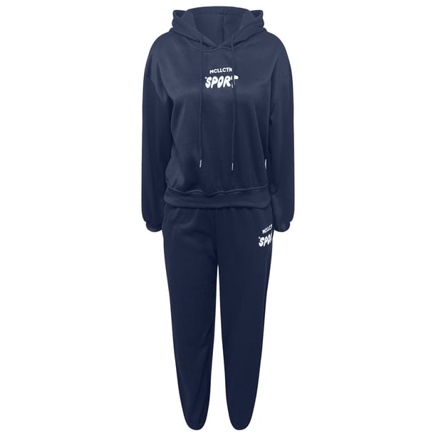Gibobby Conjuntos de sudadera con bloques Traje de pantalón con capucha estampado de manga larga de lana informal de otoño e invierno para mujer(Azul,XL)