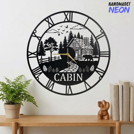 Handmadetneonsign Cabin Metal Wall Clock, Bear Forest Wall Art Decor, Rutic Home Decor