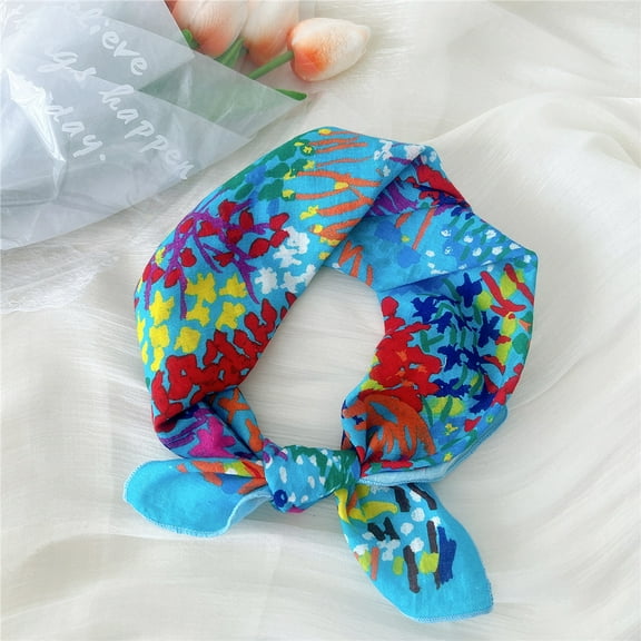 Zhuge Elegant Personalized Scarf Small Square Scarf Spring New European and American Headband Versatile Printed Cotton and Hemp Scarf -1 Piece (Blue)