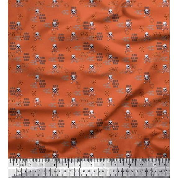 Soimoi Orange Modal Satin Fabric Crossbone & Skull Halloween Print Sewing Fabric Yard 42 Inch Wide