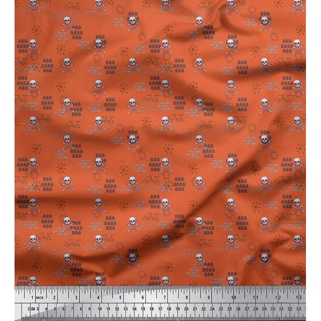 Soimoi Orange polyester Crepe Fabric Crossbone & Skull Halloween Print Fabric by the Yard 42 Inch Wide