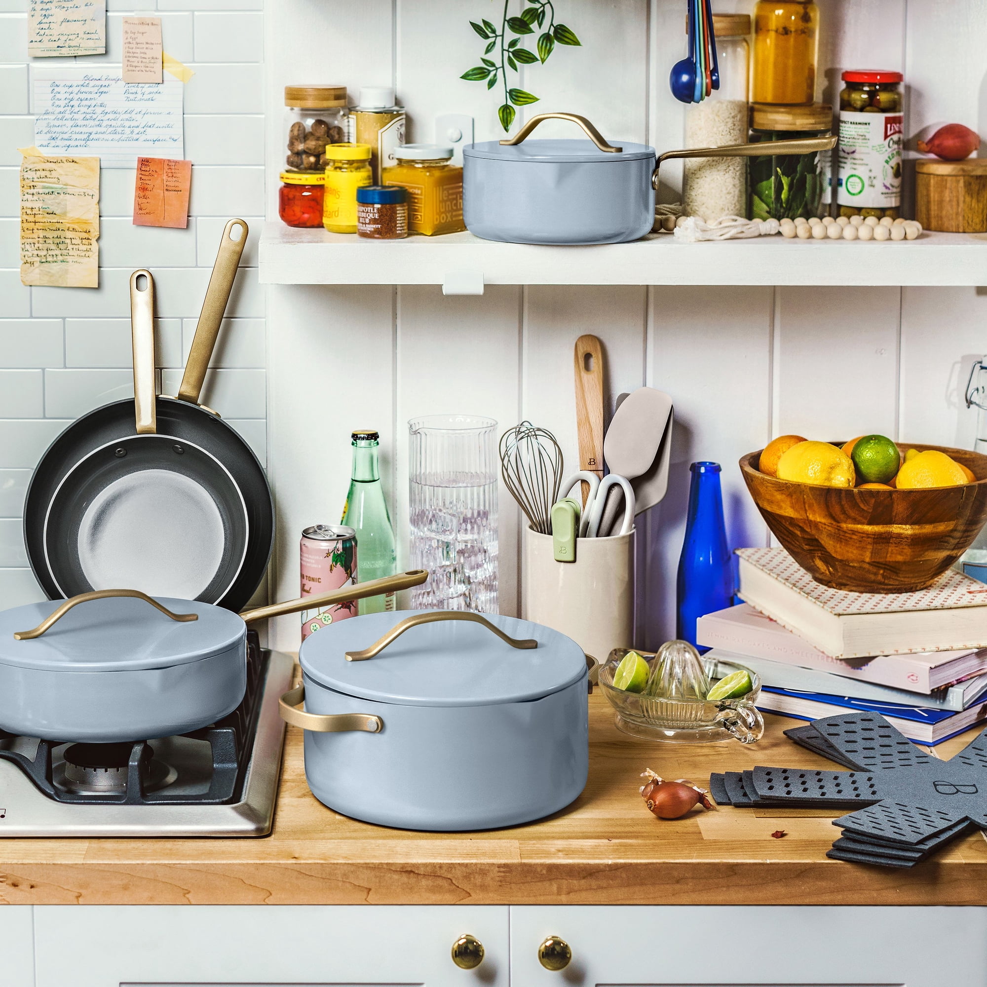 Beautiful 12-Piece Ceramic Nonstick Cookware Set, Pots and Pans with Strainer Lids, Cornflower Blue by Drew Barrymore