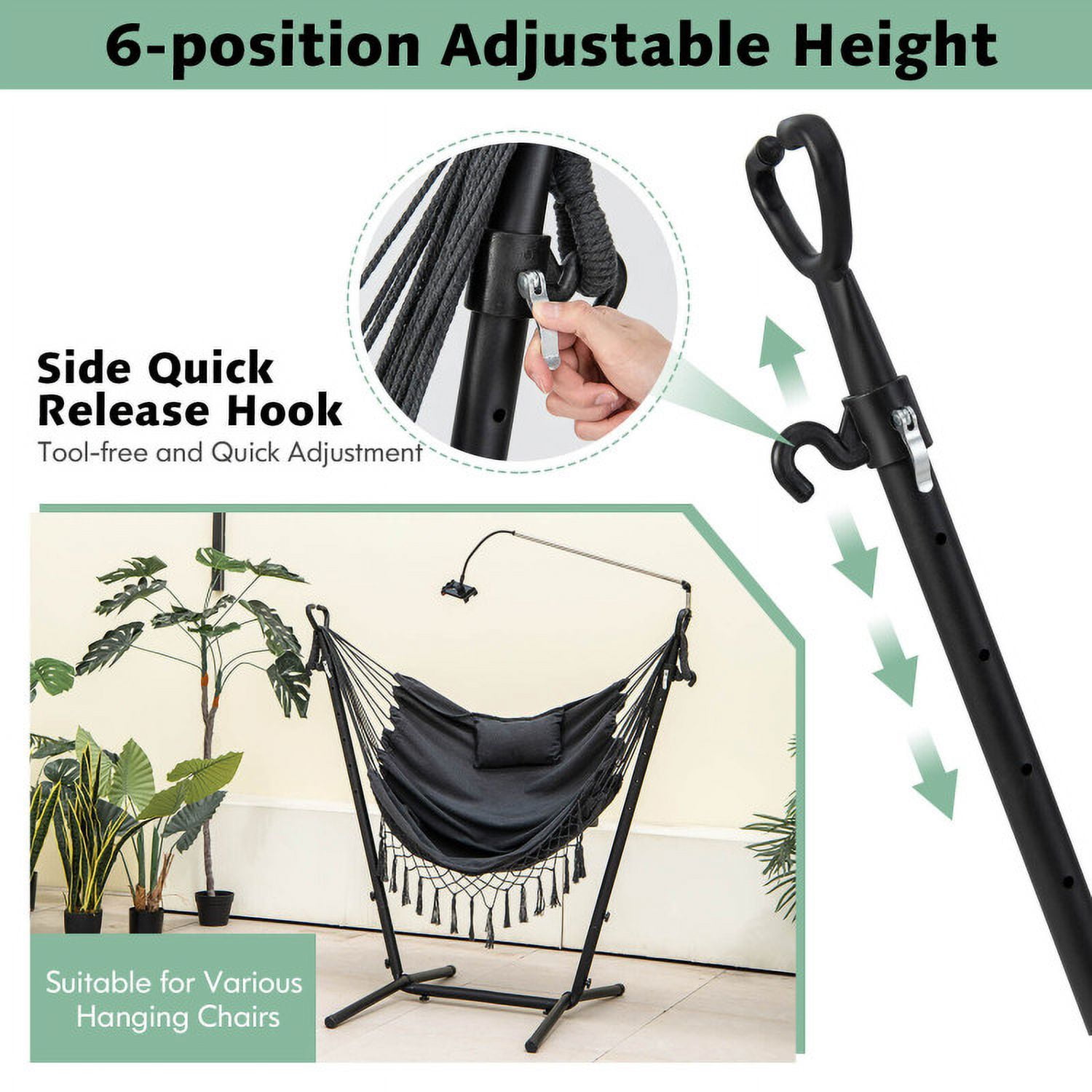 Aimee Lii Height Adjustable Hammock Chair with Phone Holder and Side Pocket, Comfy Outdoor Chair, Gray