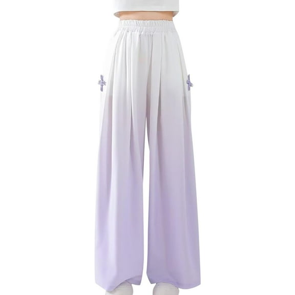 TEAJOPSUU Girls Ice Silk Wide Leg Pants High Waist Gradient Color Casual Pants Flowy Long Trousers with Pockets for Child Teens Purple