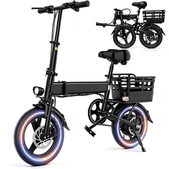 14 inch Foldable Electric Bicycle, 500W Adult Commuter Electric Bike with Basket, Max Speed 19.9 mph, 36V 12AH Battery for Commuting