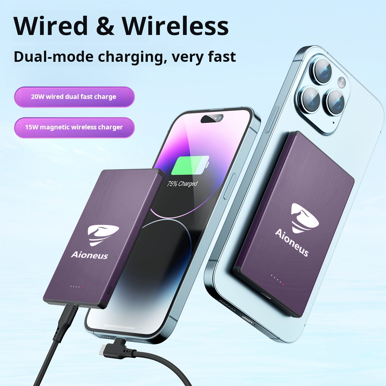 Aioneus Wireless Portable Charger 0.27 inch Ultra-Thin MagSafe Power Bank 5000mAh Magnetic Battery Pack for iPhone, Samsung, Purple