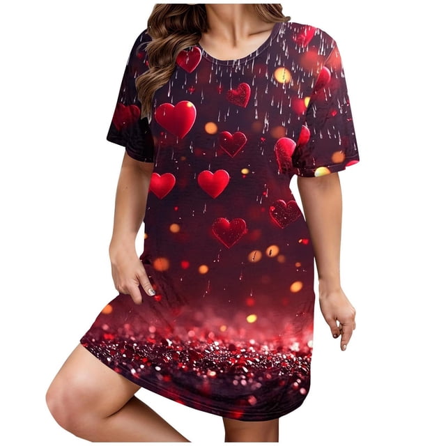 Kelon Nuisettes et Chemises de Nuit pour Femmes Grande Taille Robe de Nuit Décontractée pour Femmes Grande Taille Imprimé Cœur Manches Courtes Col Rond Extensibilité Moyenne Nuisette Ample Robe de Nuit de la Saint-Valentin