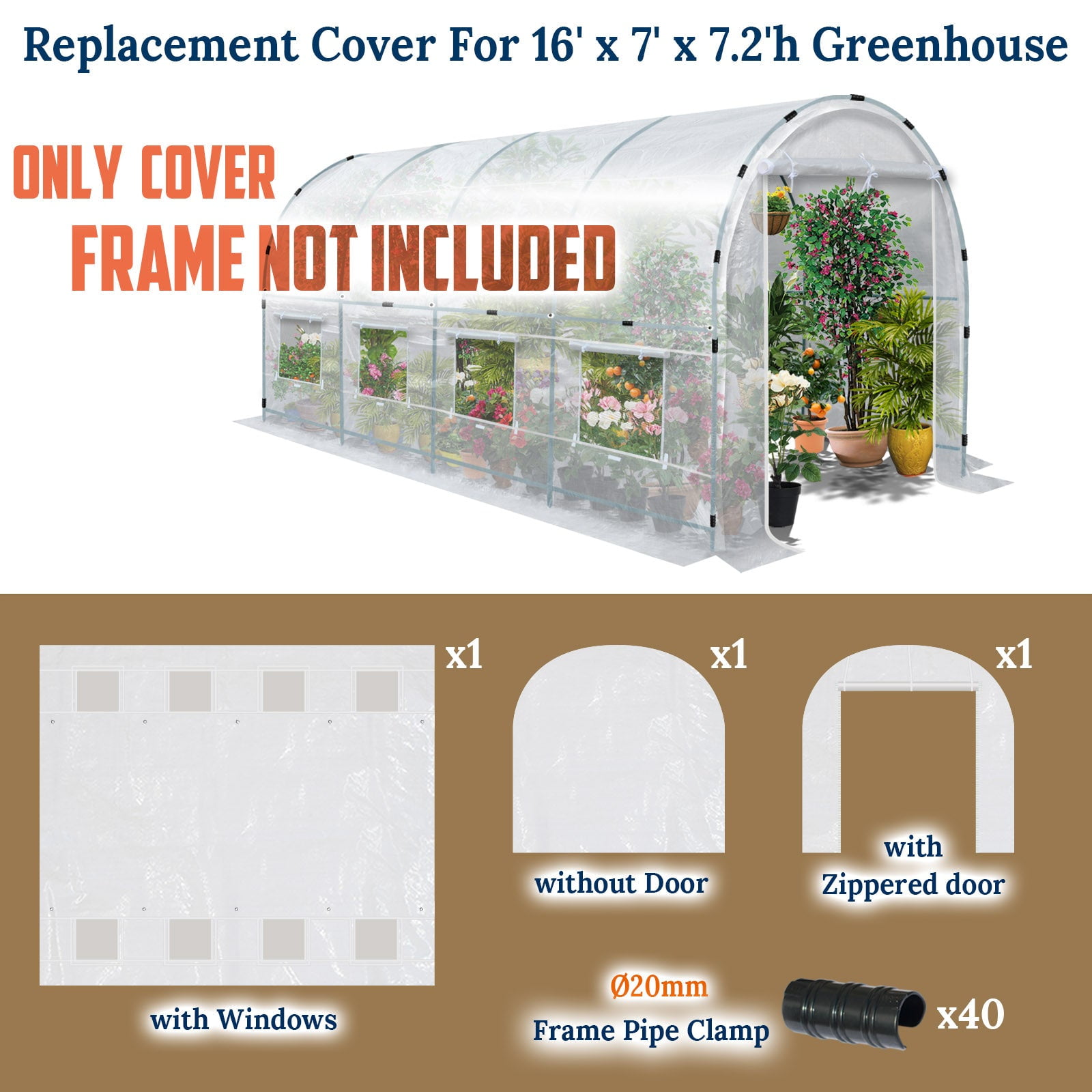 SUNRISEUMBRELLA Half-Transparent Greenhouse 3Pcs Cover Replacement ONLY Larger Walk in Outdoor Plant Garden, Frame NOT included（16x7x7 FT）