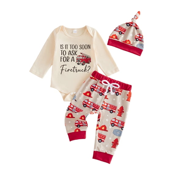 RUINIXCW Baby Boy Fall Outfit Letter Firetruck Print Long Sleeve Rompers and Elastic Pants Beanie Hat Set 3 Piece Clothes
