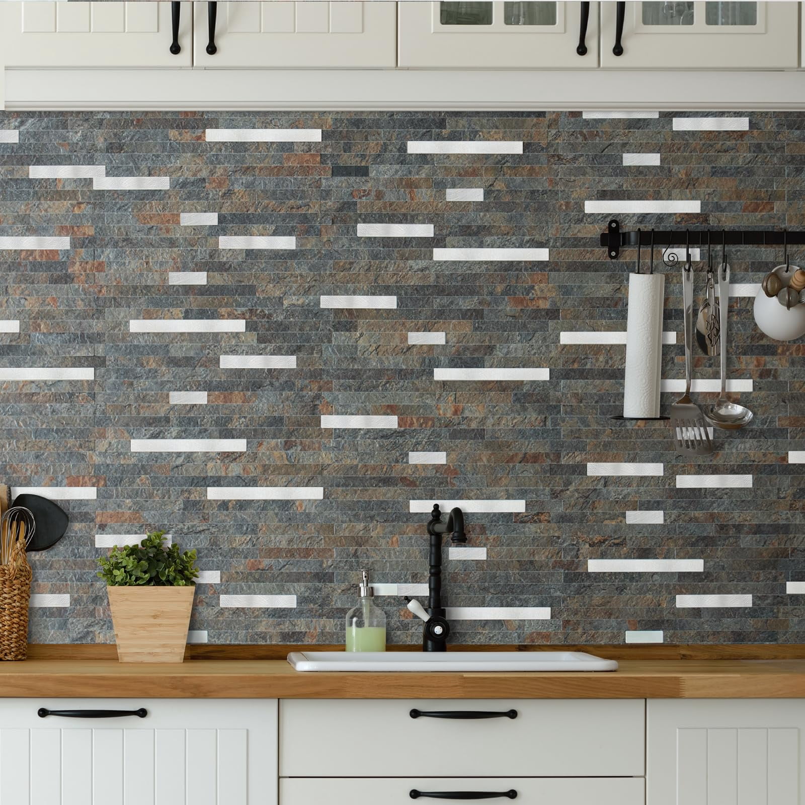 20 Sheets Rust Slate Peel And Stick Backsplash  Pvc Mixed Metal Wall Tile On For Kitchen Bathroom