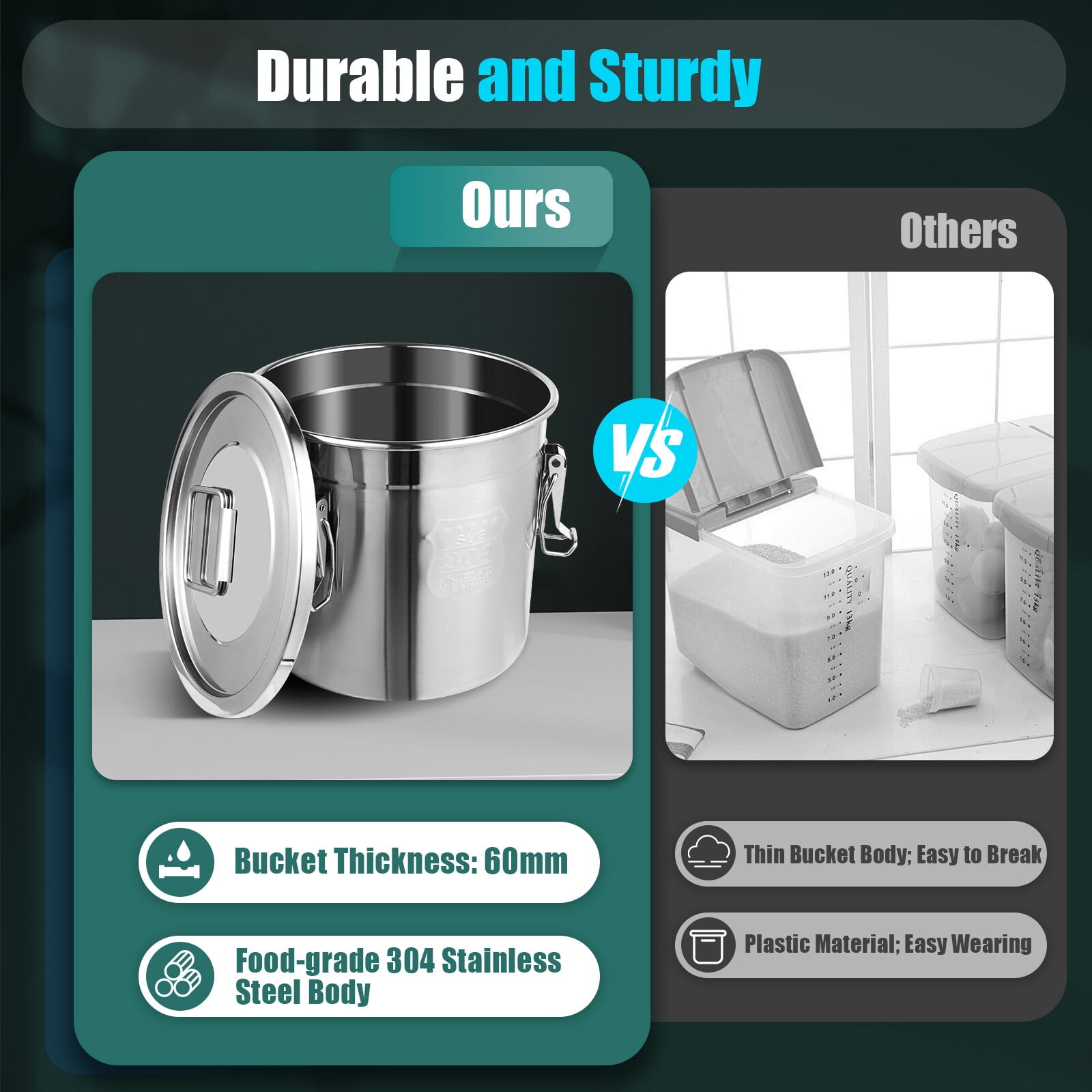 304 Stainless Steel Airtight Canister for Kitchen, 3.2Gal Canisters Container with Lids and Sturdy Locking Clamp,Bucket Food Storage Containers Airtight for Flour Coffee Bean Tea (12L)