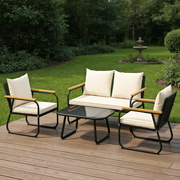 YYAo Patio Seating Sets,Outdoor Conversation Sets,4 Pieces Patio Furniture Set with Tempered Glass Coffee Table