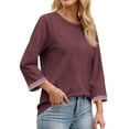 thumbnail image 3 of MOSHU Womens Tops 3/4 Length Sleeve Crew Neck Shirts with Ribbed Cuffs Summer Casual Blouses, 3 of 9