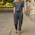 thumbnail image 1 of Soki Ensemble 2 Pcs pour Femmes Coton Lin Survêtement Décontracté Manches Courtes Hauts et Pantalons Longs Jambe Droite Ensemble de Détente Mode Col Rond Manches Courtes Pantalons Ensemble Décontracté, 1 of 7