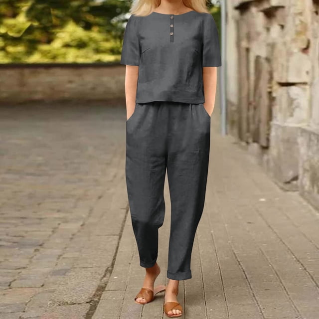 Soki Ensemble 2 Pcs pour Femmes Coton Lin Survêtement Décontracté Manches Courtes Hauts et Pantalons Longs Jambe Droite Ensemble de Détente Mode Col Rond Manches Courtes Pantalons Ensemble Décontracté