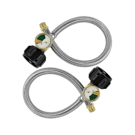 15 Inch RV Propane Hose Pigtail with Gauge for 5-40Lb Tanks - Stainless Braided Propane Hose Quick