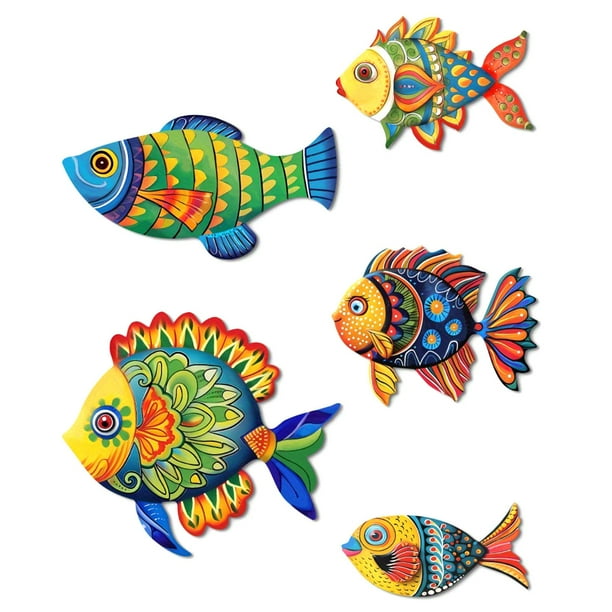 Juego de 5 piezas de decoración de peces de madera, náutico costero, decoración colgante para baño con temática náutica.